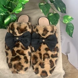 Kate Spade Jocelyn Faux Fur Leopard Print Mules Slippers with Bow